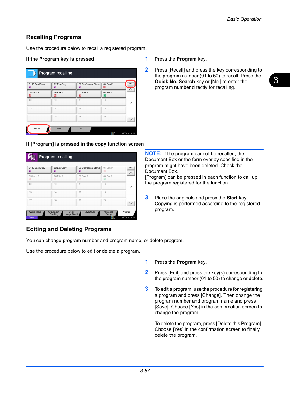 Recalling programs, Editing and deleting programs, Basic operation 3-57 | Press the program key | TA Triumph-Adler DCC 2930 User Manual | Page 151 / 588