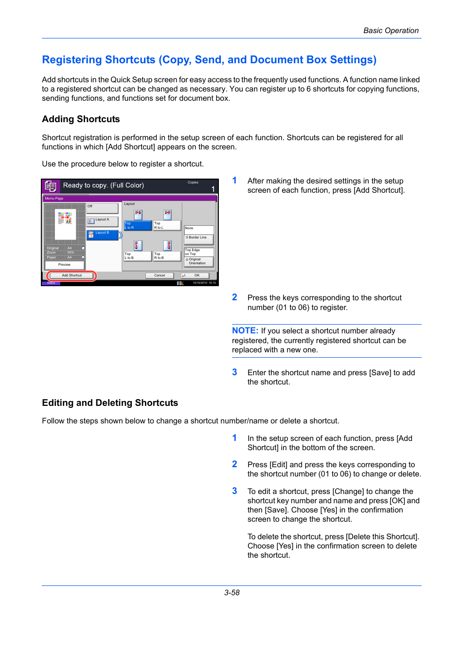 Adding shortcuts, Editing and deleting shortcuts | TA Triumph-Adler DCC 2930 User Manual | Page 152 / 588