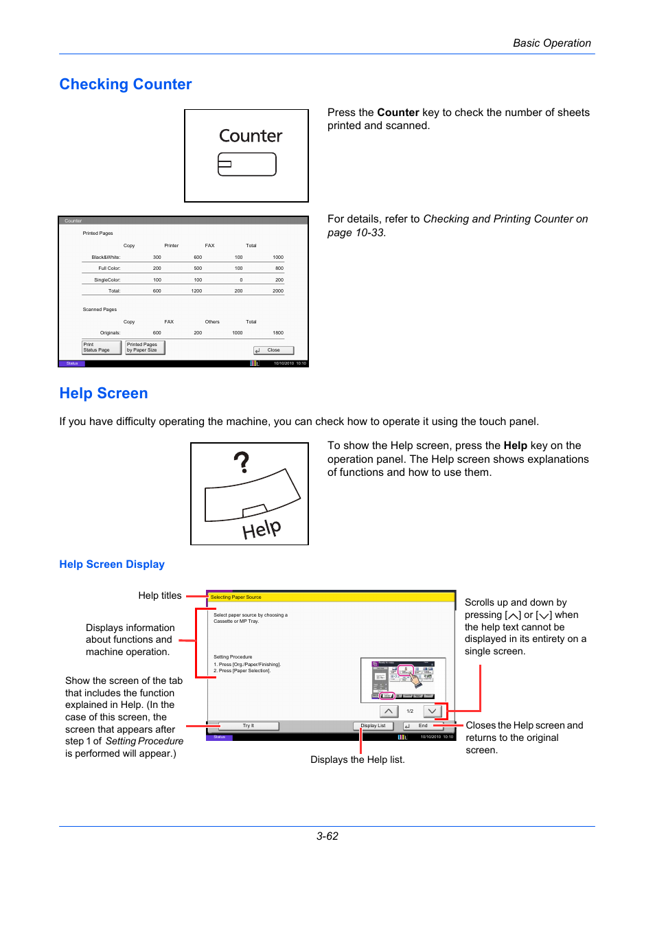 Checking counter, Help screen, Checking counter -62 help screen -62 | Checking counter -62, Help screen -62, Basic operation 3-62 | TA Triumph-Adler DCC 2930 User Manual | Page 156 / 588