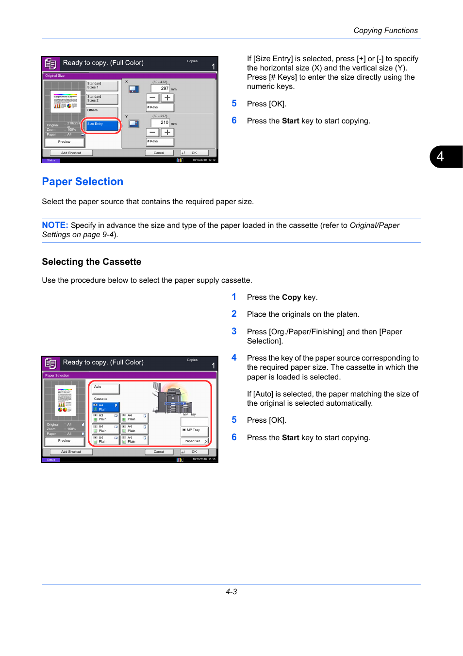 Paper selection, Selecting the cassette, Paper selection -3 | Copying functions 4-3, Press [ok, Press the start key to start copying, Press the copy key, Place the originals on the platen | TA Triumph-Adler DCC 2930 User Manual | Page 159 / 588