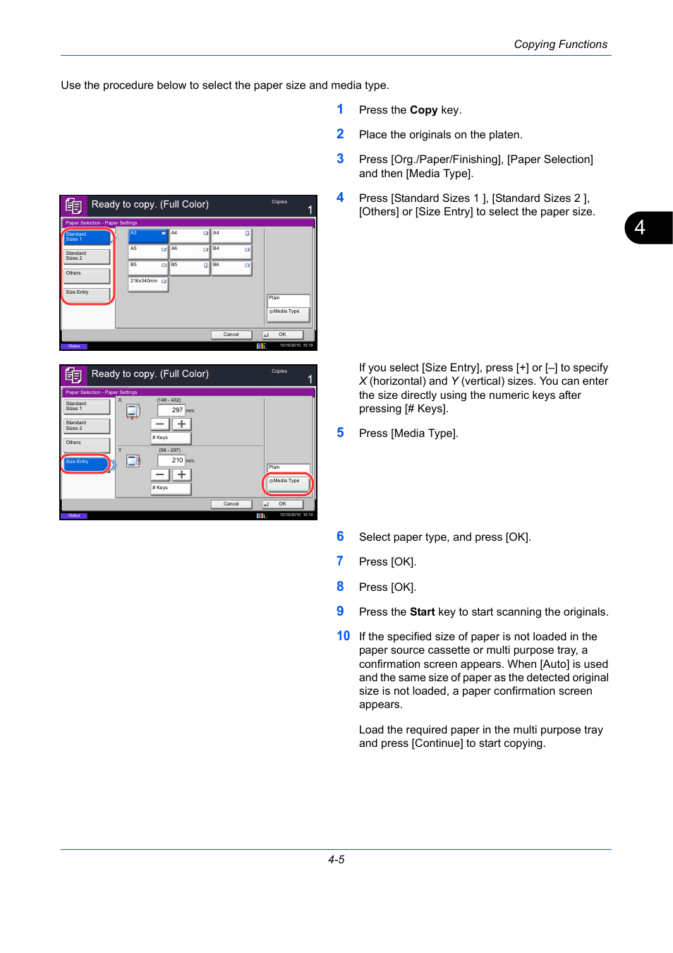 Copying functions 4-5, Press the copy key, Place the originals on the platen | Press [media type, Select paper type, and press [ok, Press [ok | TA Triumph-Adler DCC 2930 User Manual | Page 161 / 588