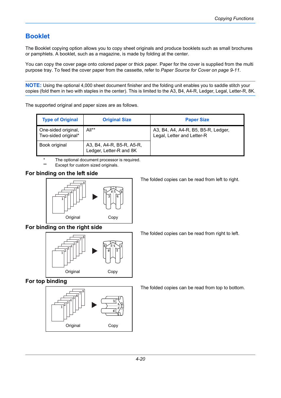 Booklet, For binding on the left side, For binding on the right side | For top binding, Booklet -20, E 4-20, E 4-20) | TA Triumph-Adler DCC 2930 User Manual | Page 176 / 588