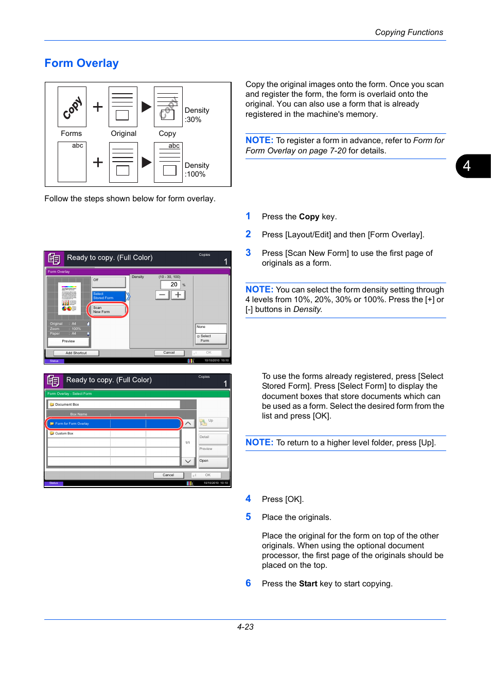 Form overlay, Form overlay -23, E 4-23) | Copying functions 4-23, Press the copy key, Press [layout/edit] and then [form overlay, Press [ok, Press the start key to start copying | TA Triumph-Adler DCC 2930 User Manual | Page 179 / 588