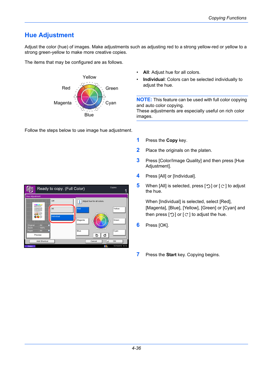 Hue adjustment, Hue adjustment -36, E 4-36) | TA Triumph-Adler DCC 2930 User Manual | Page 192 / 588
