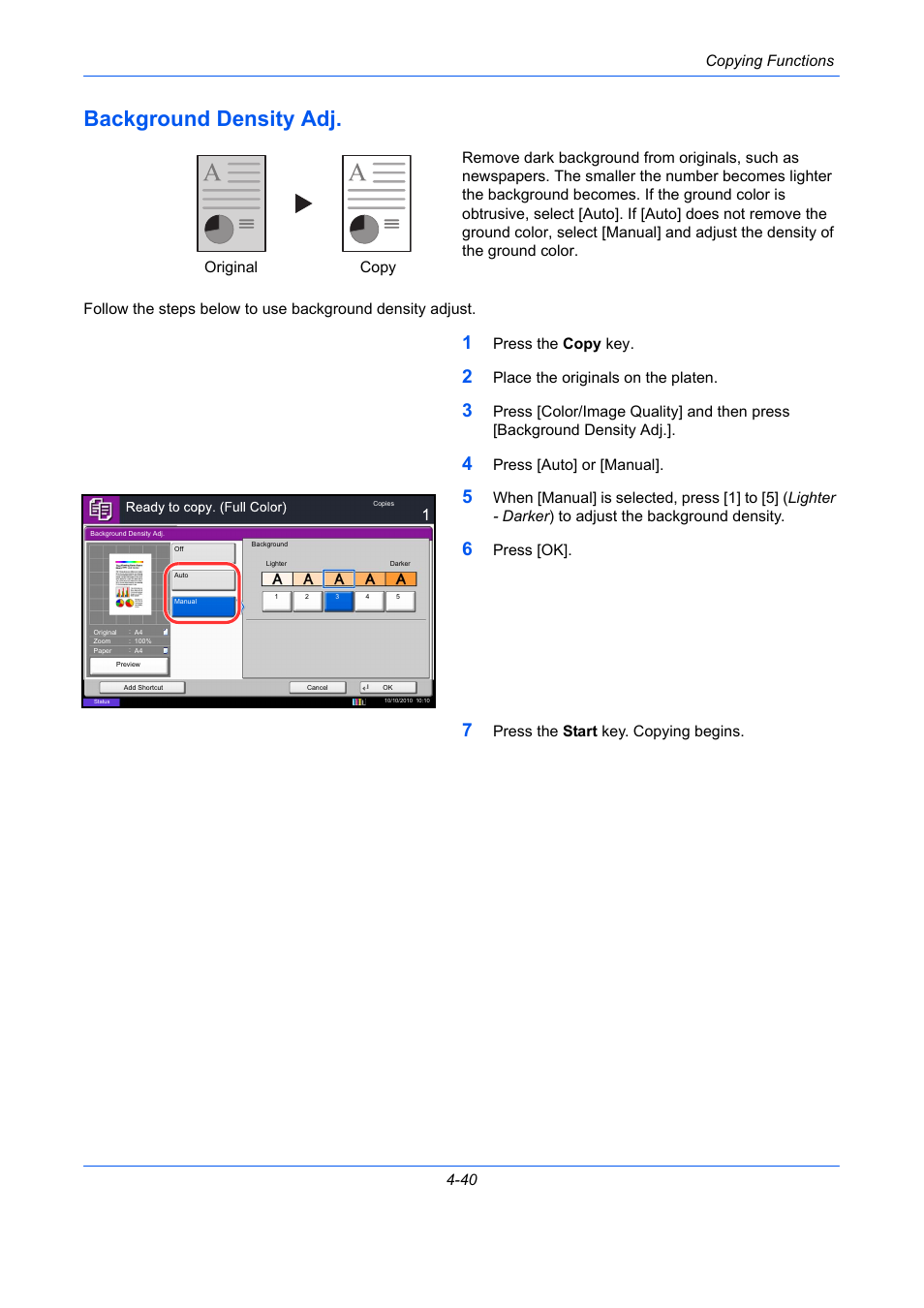 Background density adj, Background density adj -40, E 4-40) | Copying functions 4-40, Press the copy key, Place the originals on the platen, Press [auto] or [manual, Press [ok, Press the start key. copying begins. original copy | TA Triumph-Adler DCC 2930 User Manual | Page 196 / 588