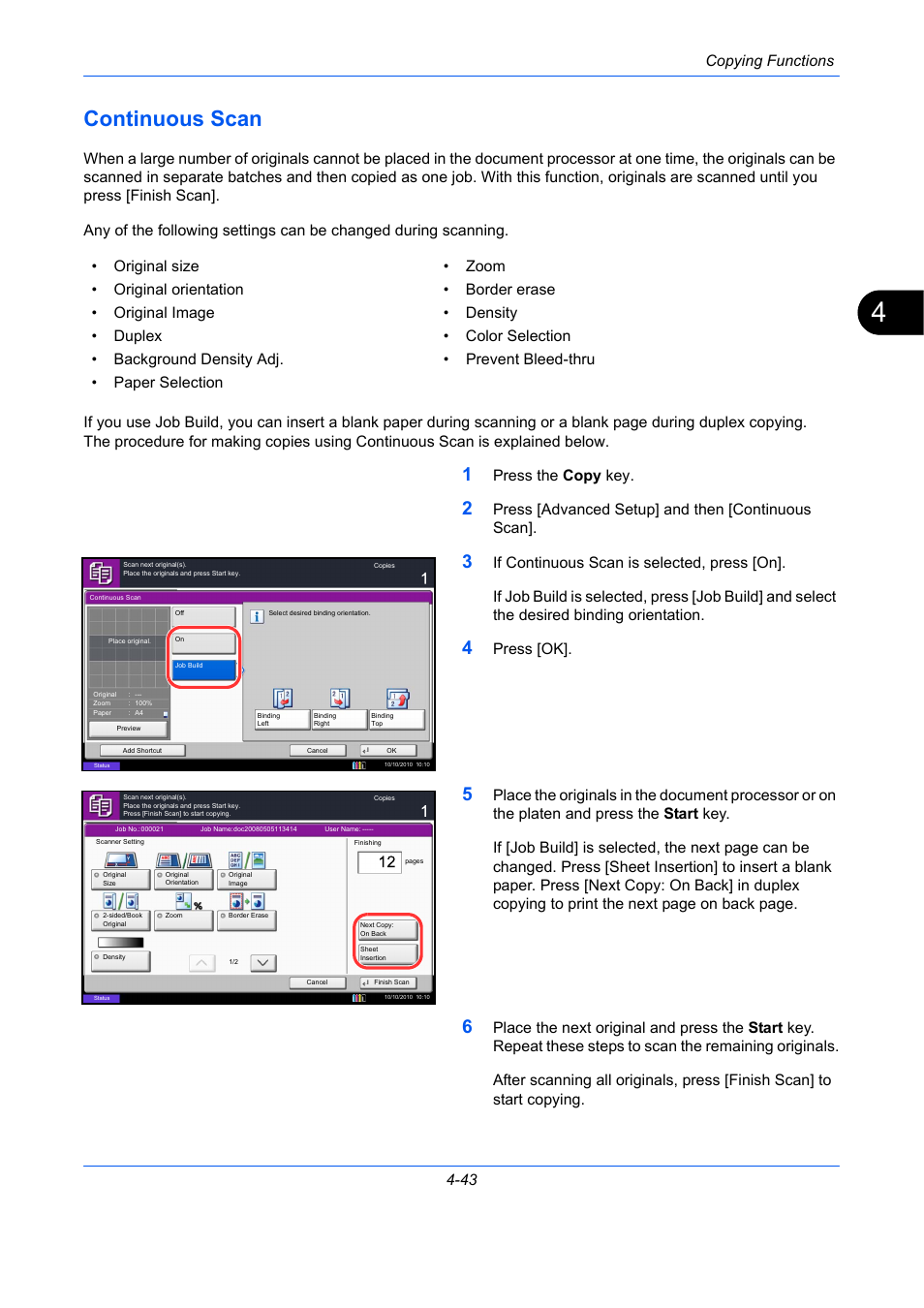 Continuous scan, Continuous scan -43, E 4-43) | Copying functions 4-43, Press the copy key, Press [advanced setup] and then [continuous scan, Press [ok | TA Triumph-Adler DCC 2930 User Manual | Page 199 / 588