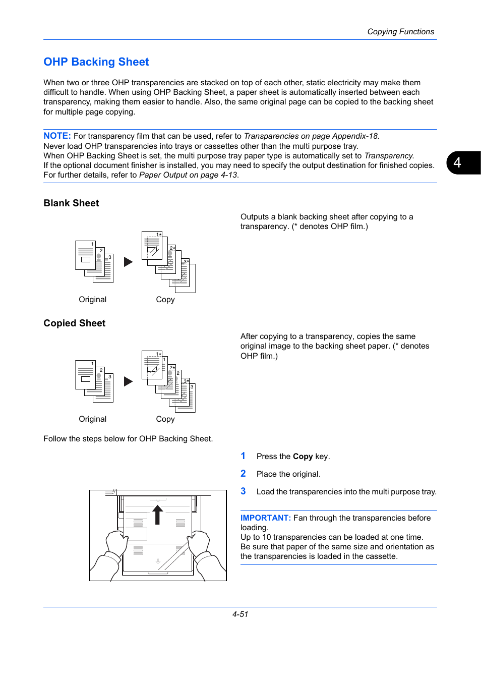 Ohp backing sheet, Blank sheet, Copied sheet | Ohp backing sheet -51, Ge 4-51 | TA Triumph-Adler DCC 2930 User Manual | Page 207 / 588