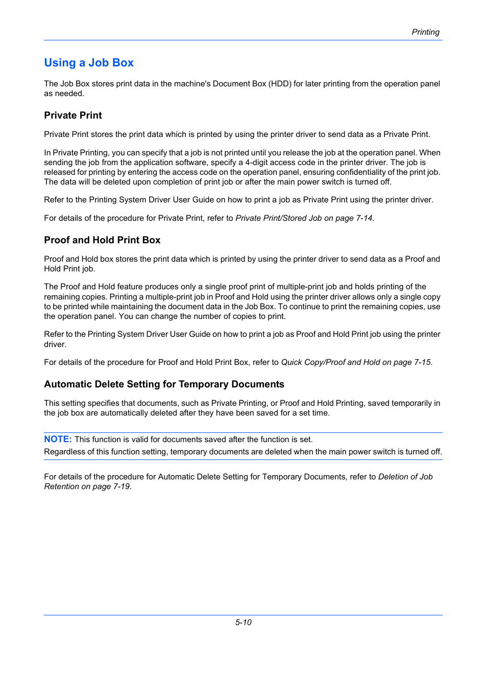 Using a job box, Private print, Proof and hold print box | Automatic delete setting for temporary documents, Using a job box -10 | TA Triumph-Adler DCC 2930 User Manual | Page 218 / 588
