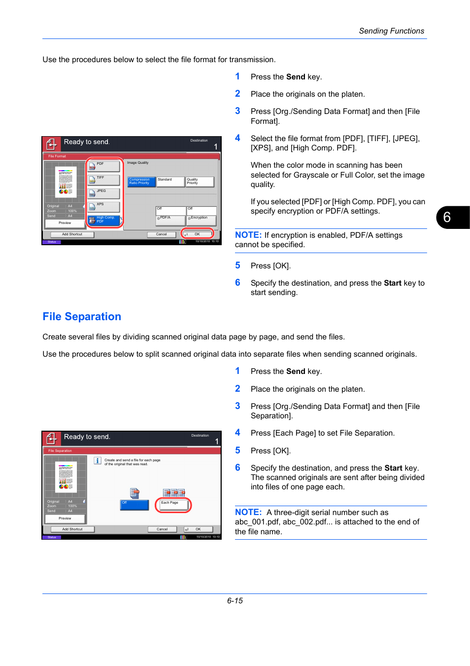 File separation, File separation -15, Sending functions 6-15 | Press the send key, Place the originals on the platen, Press [ok, Press [each page] to set file separation | TA Triumph-Adler DCC 2930 User Manual | Page 235 / 588