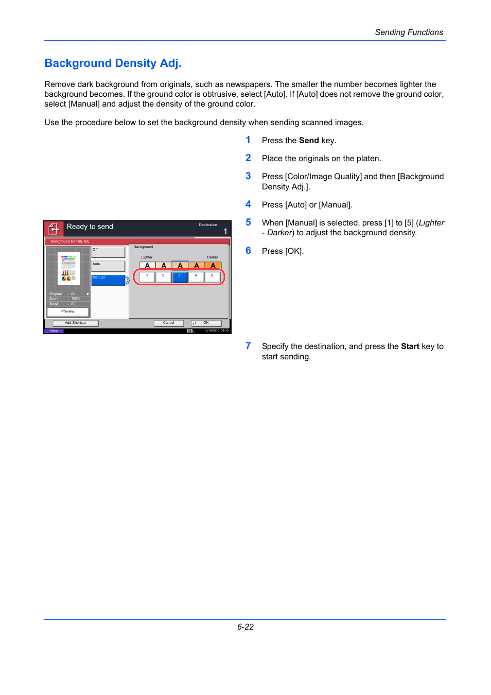Background density adj, Background density adj -22, E 6-22) | Sending functions 6-22, Press the send key, Place the originals on the platen, Press [auto] or [manual, Press [ok | TA Triumph-Adler DCC 2930 User Manual | Page 242 / 588
