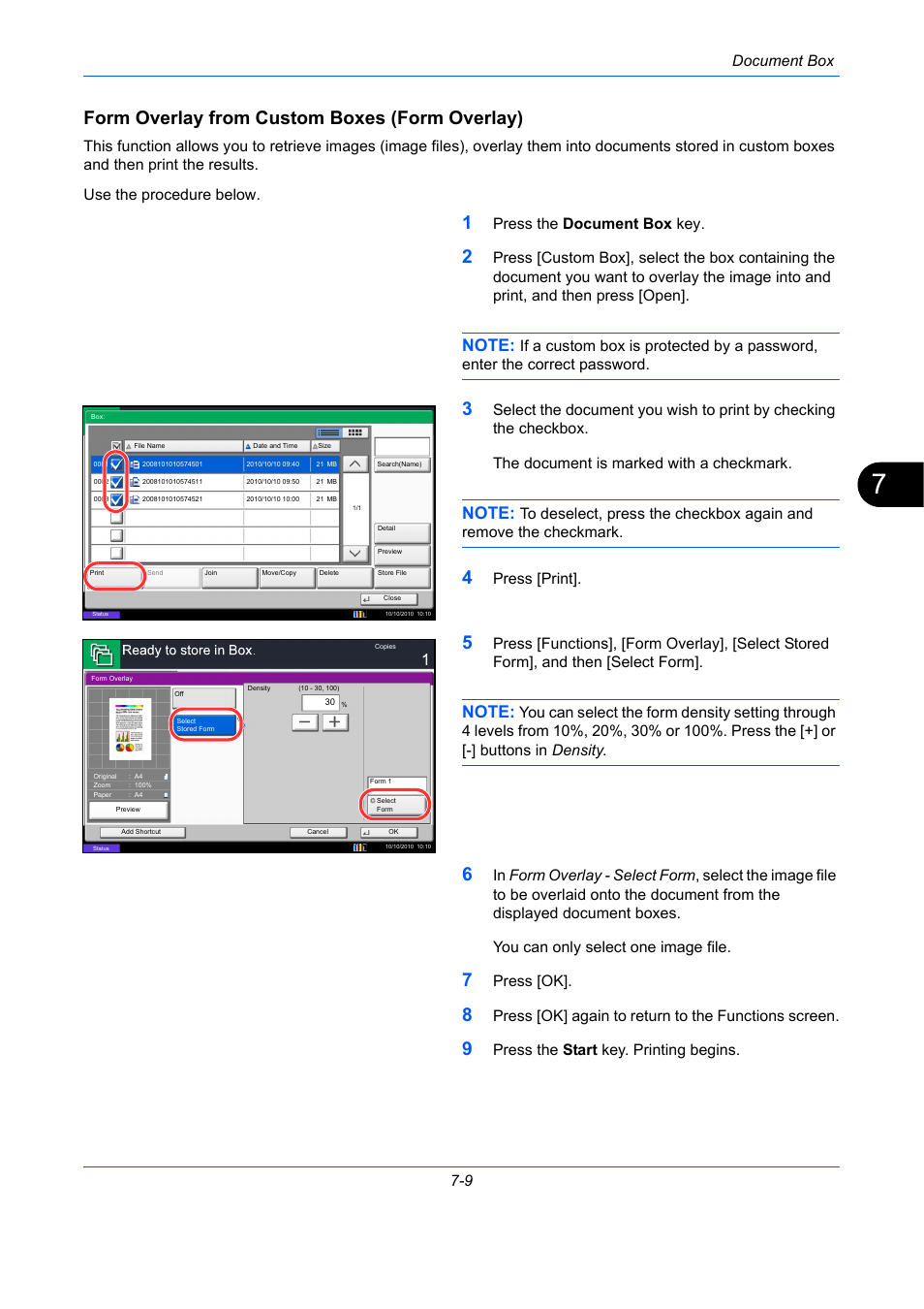 Form overlay from custom boxes (form overlay), Ge 7-9), Document box 7-9 | Press the document box key, Press [print, Press [ok, Press [ok] again to return to the functions screen, Press the start key. printing begins | TA Triumph-Adler DCC 2930 User Manual | Page 273 / 588