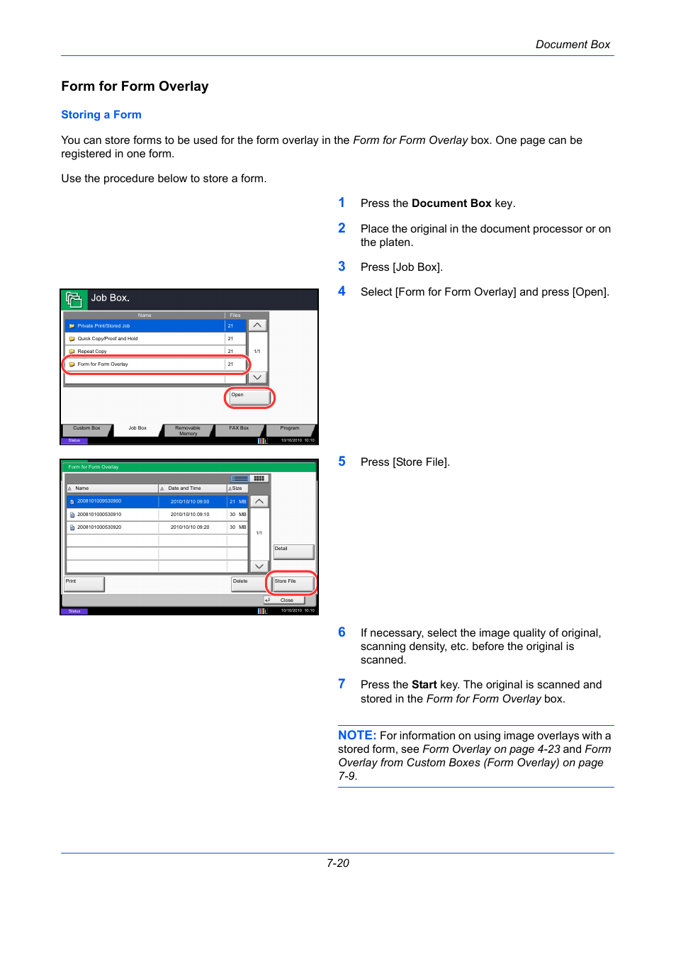 Form for form overlay, Document box 7-20, Press the document box key | Press [job box, Select [form for form overlay] and press [open, Press [store file | TA Triumph-Adler DCC 2930 User Manual | Page 284 / 588