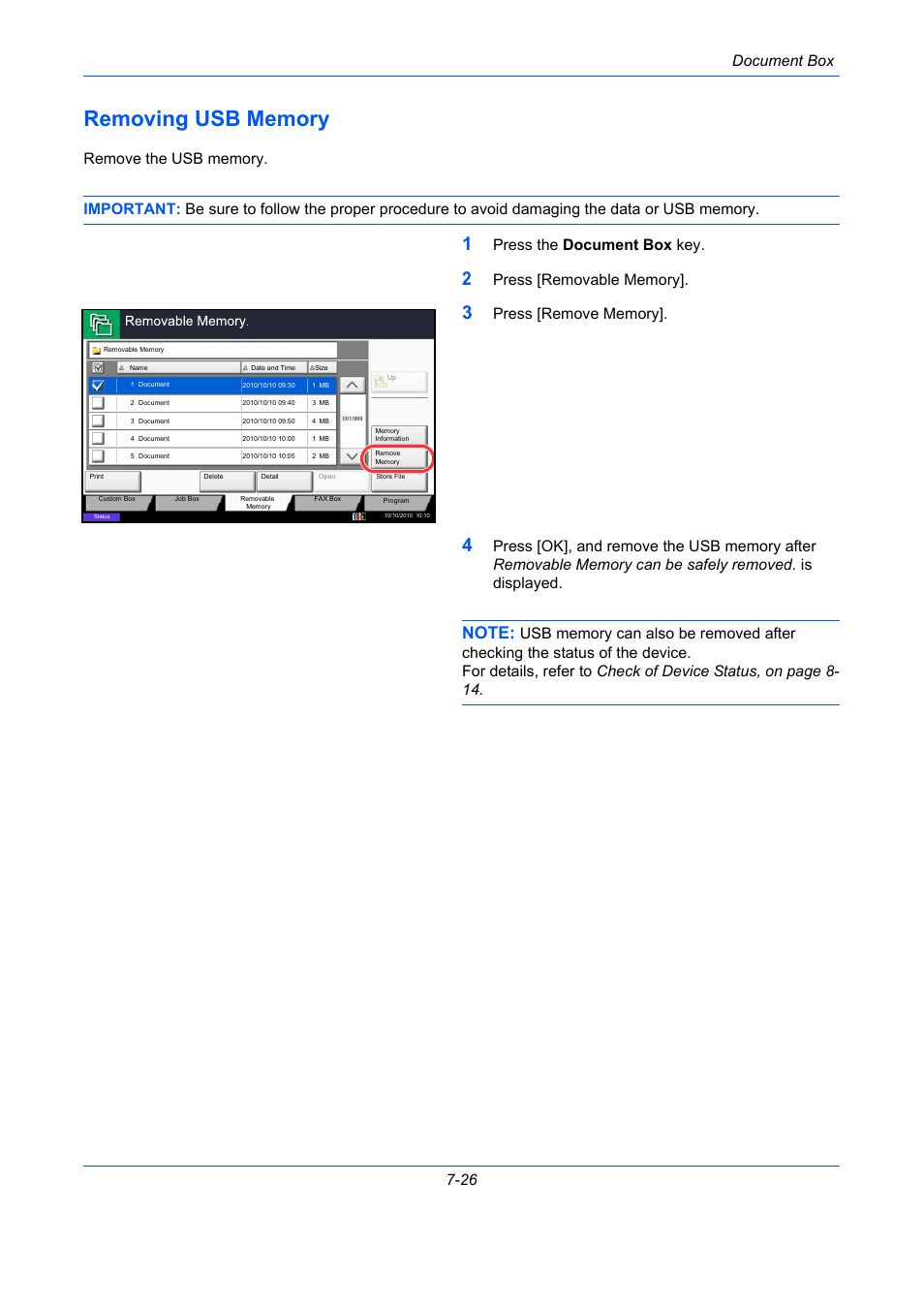 Removing usb memory, Removing usb memory -26, Document box 7-26 | Press the document box key | TA Triumph-Adler DCC 2930 User Manual | Page 290 / 588
