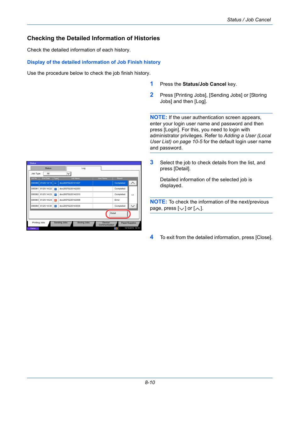 Checking the detailed information of histories, Status / job cancel 8-10, Press the status/job cancel key | TA Triumph-Adler DCC 2930 User Manual | Page 300 / 588