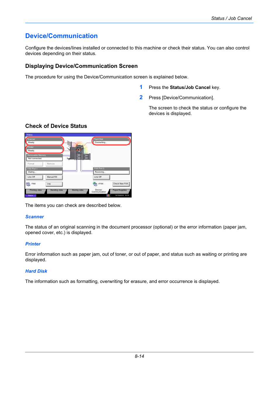 Device/communication, Displaying device/communication screen, Check of device status | Device/communication -14, E 8-14), Status / job cancel 8-14, Press the status/job cancel key | TA Triumph-Adler DCC 2930 User Manual | Page 304 / 588