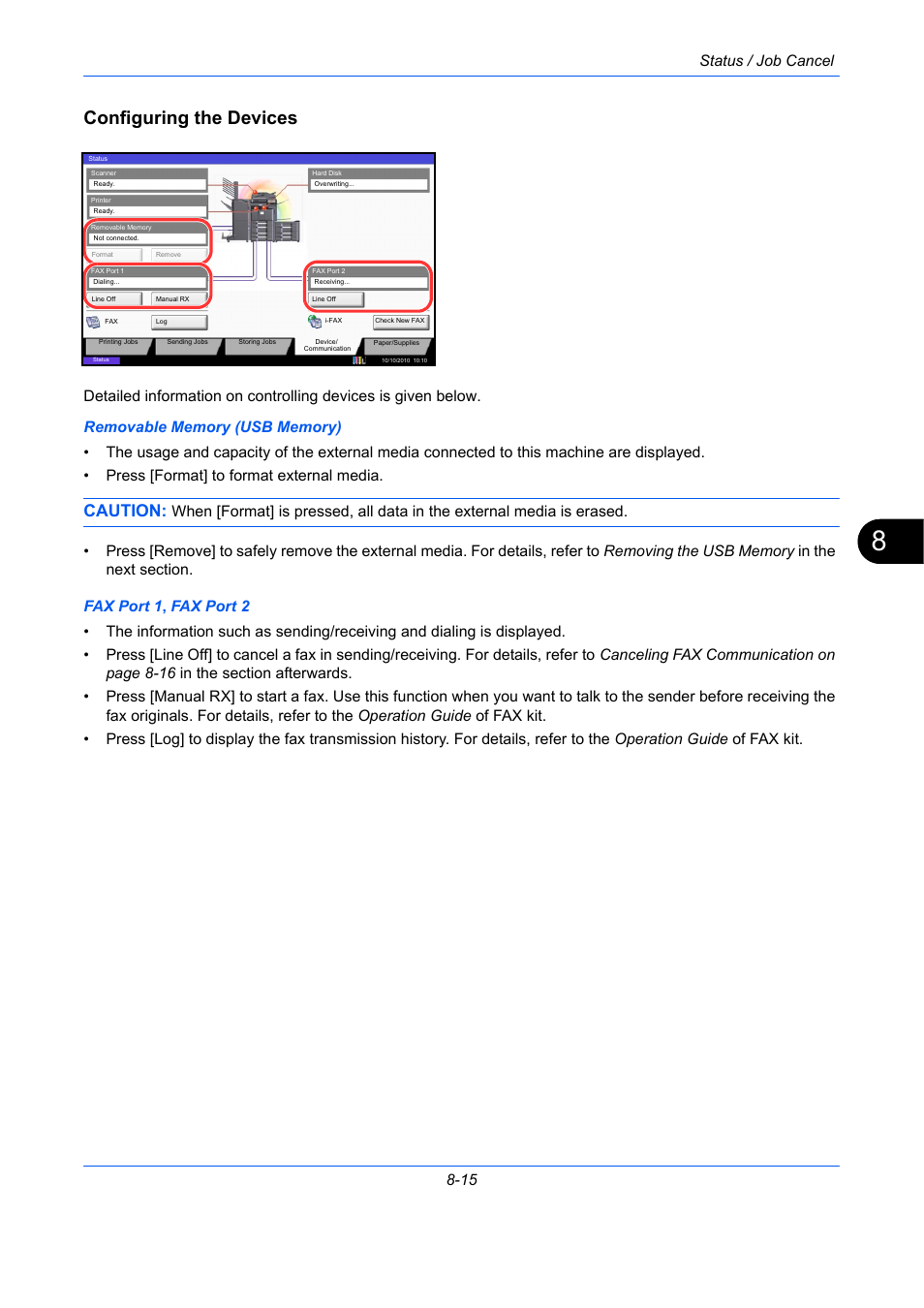 Configuring the devices, Caution, Status / job cancel 8-15 | TA Triumph-Adler DCC 2930 User Manual | Page 305 / 588