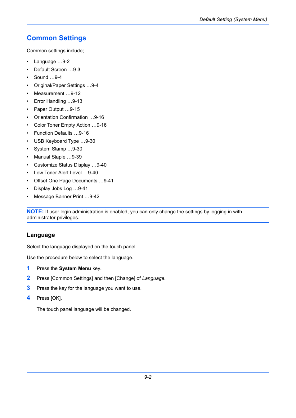 Common settings, Language, Common settings -2 | Ge 9-2) | TA Triumph-Adler DCC 2930 User Manual | Page 308 / 588