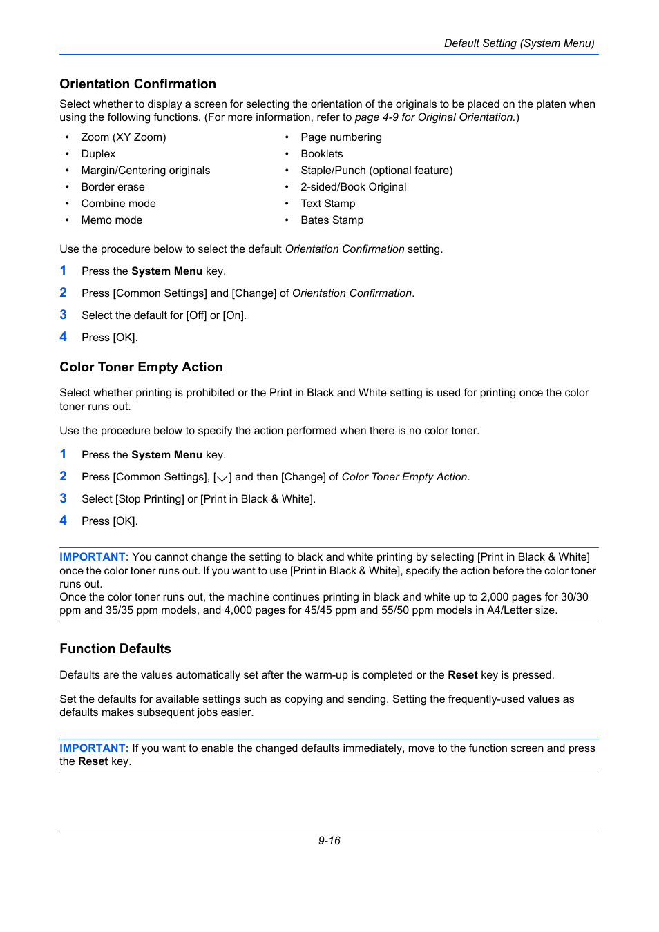 Orientation confirmation, Color toner empty action, Function defaults | Ge 9-16), Orientation confirmation …9-16 | TA Triumph-Adler DCC 2930 User Manual | Page 322 / 588
