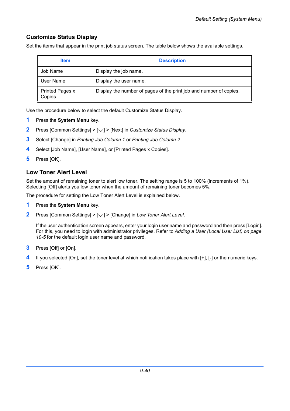 Customize status display, Low toner alert level, E 9-40) | Customize status display …9-40, Low toner alert level …9-40 | TA Triumph-Adler DCC 2930 User Manual | Page 346 / 588