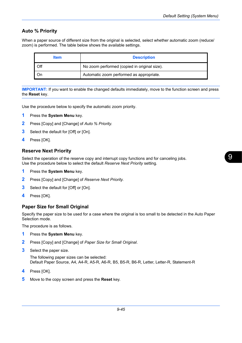 Auto % priority, Reserve next priority, Paper size for small original | E 9-45), Auto % priority …9-45, Reserve next priority …9-45, Paper size for small original …9-45 | TA Triumph-Adler DCC 2930 User Manual | Page 351 / 588