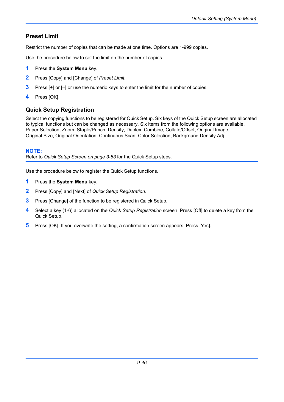 Preset limit, Quick setup registration, E 9-46) | Quick setup registration …9-46 | TA Triumph-Adler DCC 2930 User Manual | Page 352 / 588