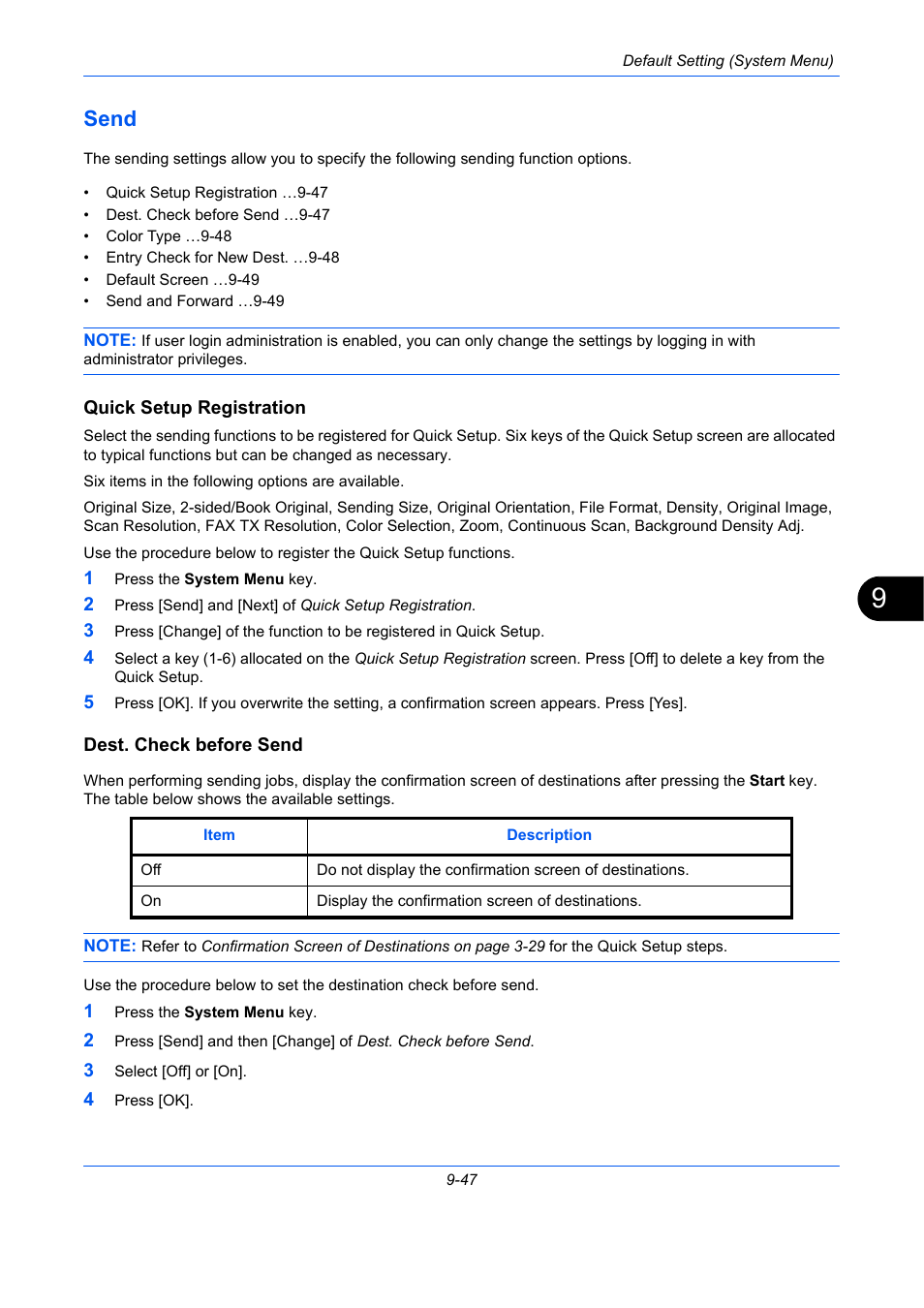 Send, Quick setup registration, Dest. check before send | Send -47, E 9-47), Ge 9-47 | TA Triumph-Adler DCC 2930 User Manual | Page 353 / 588