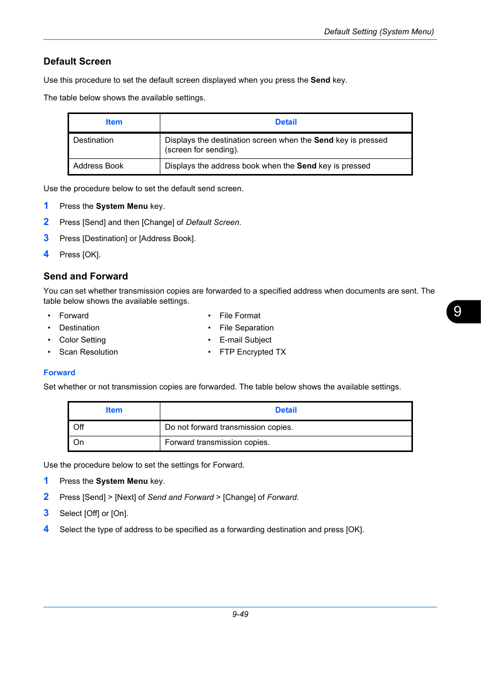 Default screen, Send and forward, E 9-49 | E 9-49), Default screen …9-49, Send and forward …9-49 | TA Triumph-Adler DCC 2930 User Manual | Page 355 / 588