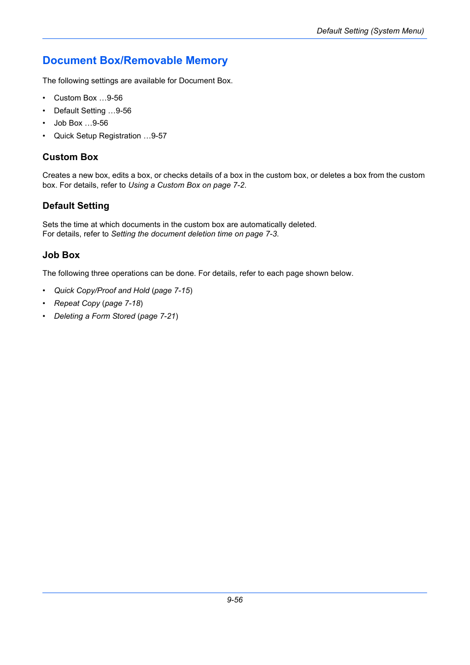 Document box/removable memory, Custom box, Default setting | Job box, Document box/removable memory -56, E 9-56 | TA Triumph-Adler DCC 2930 User Manual | Page 362 / 588