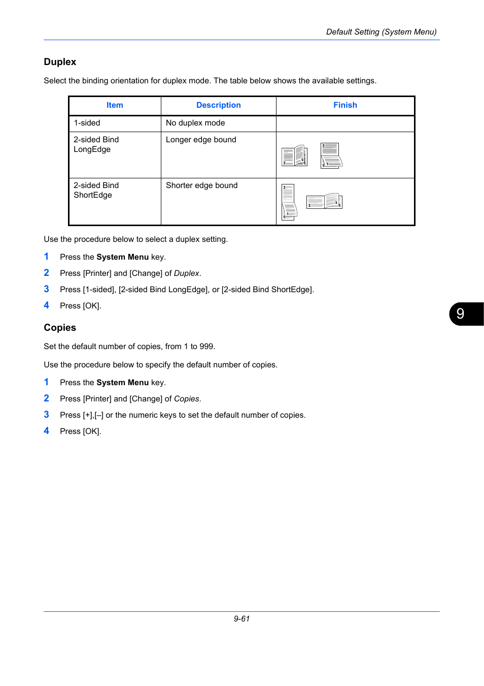 Duplex, Copies, E 9-61) | Duplex …9-61, Copies …9-61 | TA Triumph-Adler DCC 2930 User Manual | Page 367 / 588
