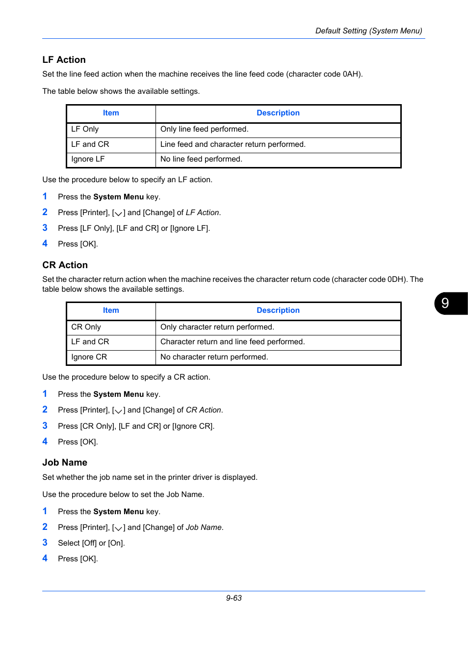Lf action, Cr action, Job name | E 9-63, Ge 9-63, Lf action …9-63, Cr action …9-63 | TA Triumph-Adler DCC 2930 User Manual | Page 369 / 588