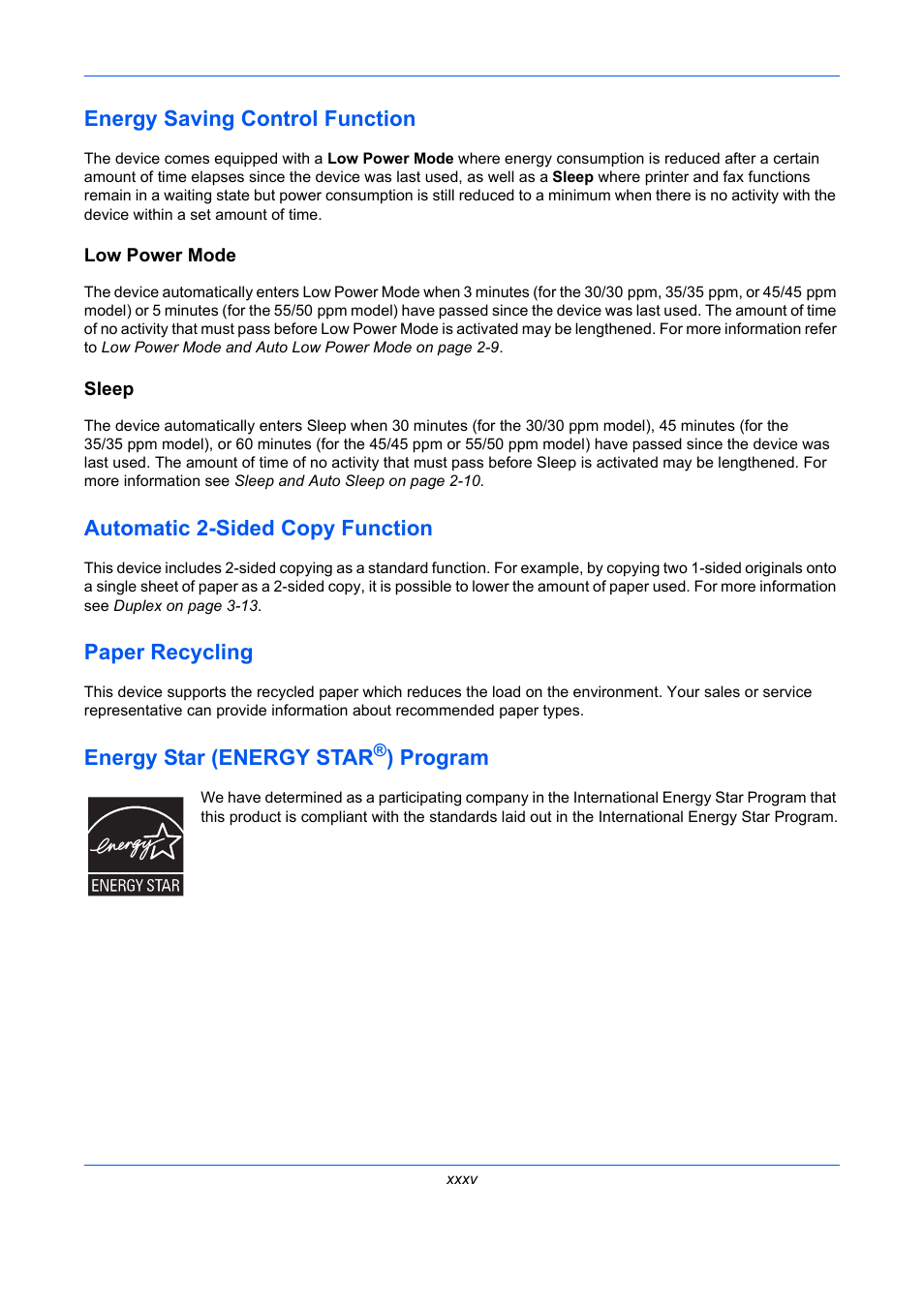 Energy saving control function, Automatic 2-sided copy function, Paper recycling | Energy star (energy star®) program, Energy star (energy star, Program | TA Triumph-Adler DCC 2930 User Manual | Page 37 / 588