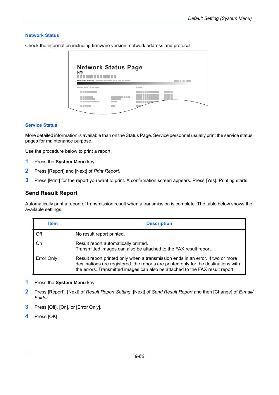 Send result report, E 9-66), Ge 9-66) | Network status page | TA Triumph-Adler DCC 2930 User Manual | Page 372 / 588