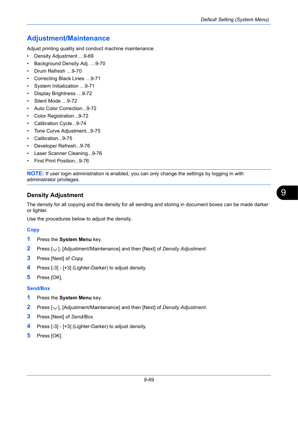 Adjustment/maintenance, Density adjustment, Adjustment/maintenance -69 | E 9-69 | TA Triumph-Adler DCC 2930 User Manual | Page 375 / 588
