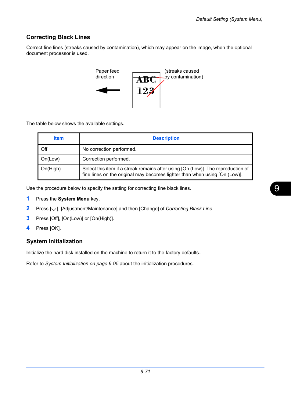 Correcting black lines, System initialization, Ge 9-71 | Ge 9-71), Correcting black lines …9-71, System initialization …9-71 | TA Triumph-Adler DCC 2930 User Manual | Page 377 / 588