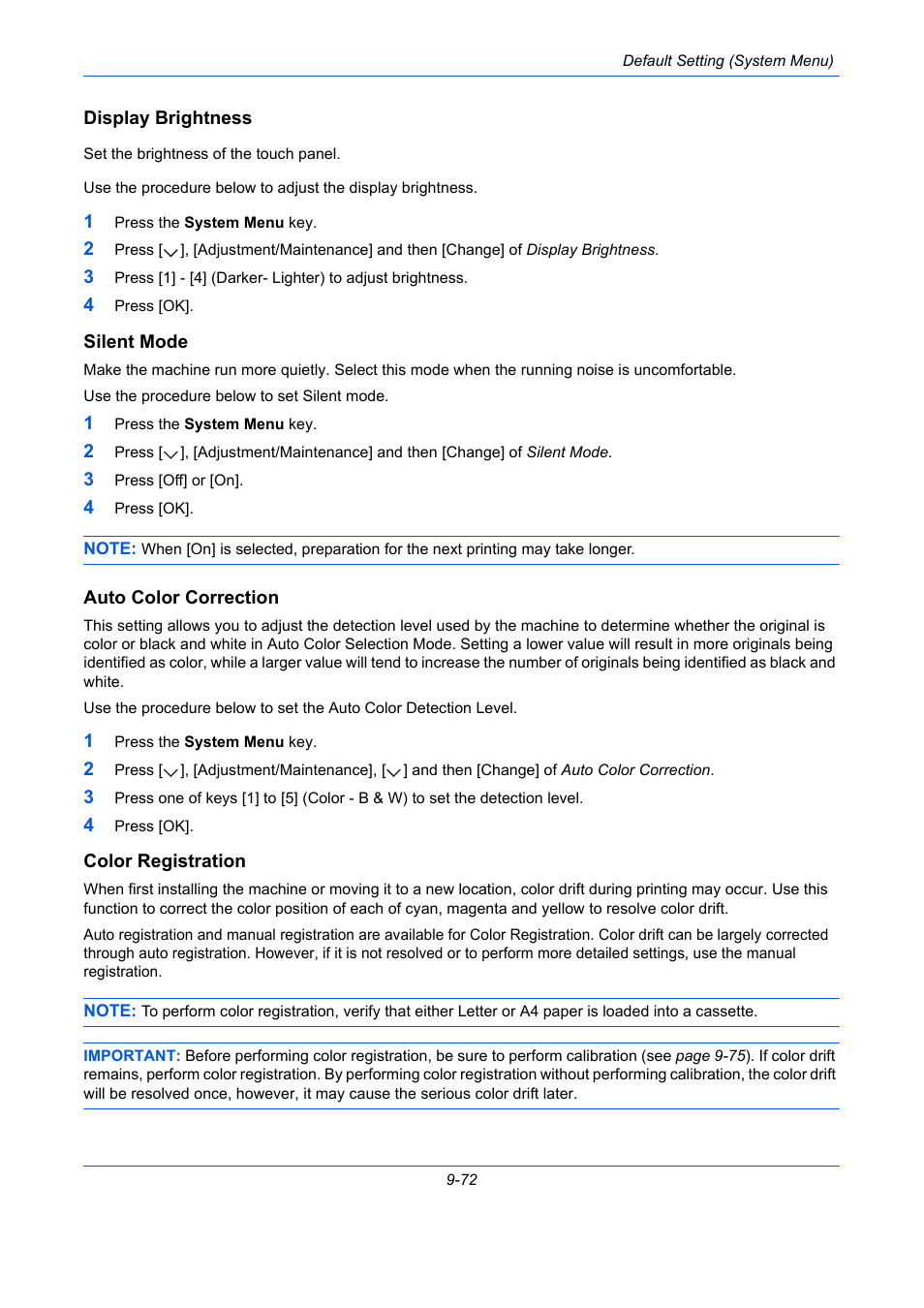 Display brightness, Silent mode, Auto color correction | Color registration, E 9-72), E 9-72, Ge 9-72, Display brightness …9-72, Silent mode …9-72, Auto color correction -72 | TA Triumph-Adler DCC 2930 User Manual | Page 378 / 588
