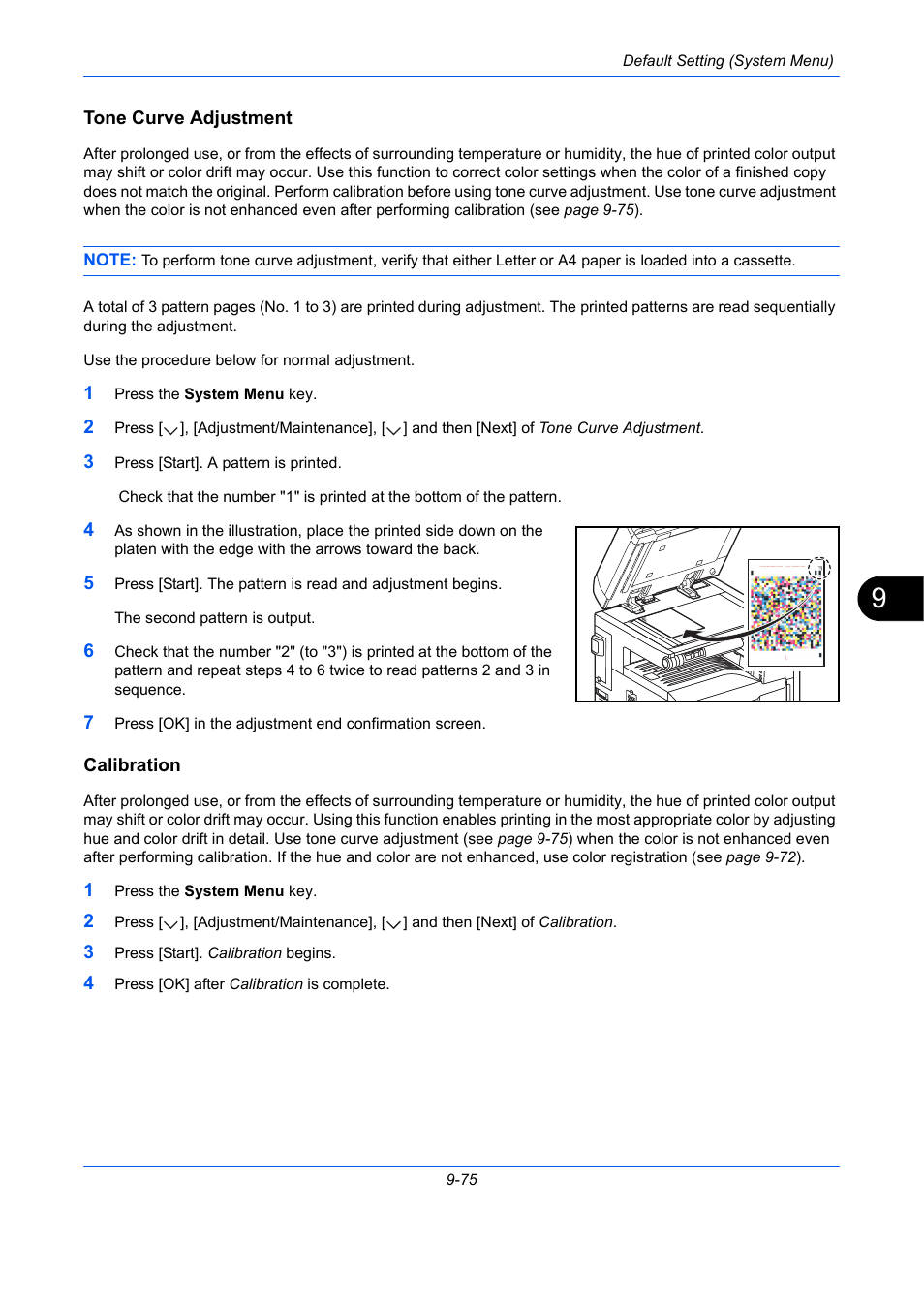 Tone curve adjustment, Calibration, E 9-75) | Ge 9-75), Tone curve adjustment -75, Calibration -75 | TA Triumph-Adler DCC 2930 User Manual | Page 381 / 588