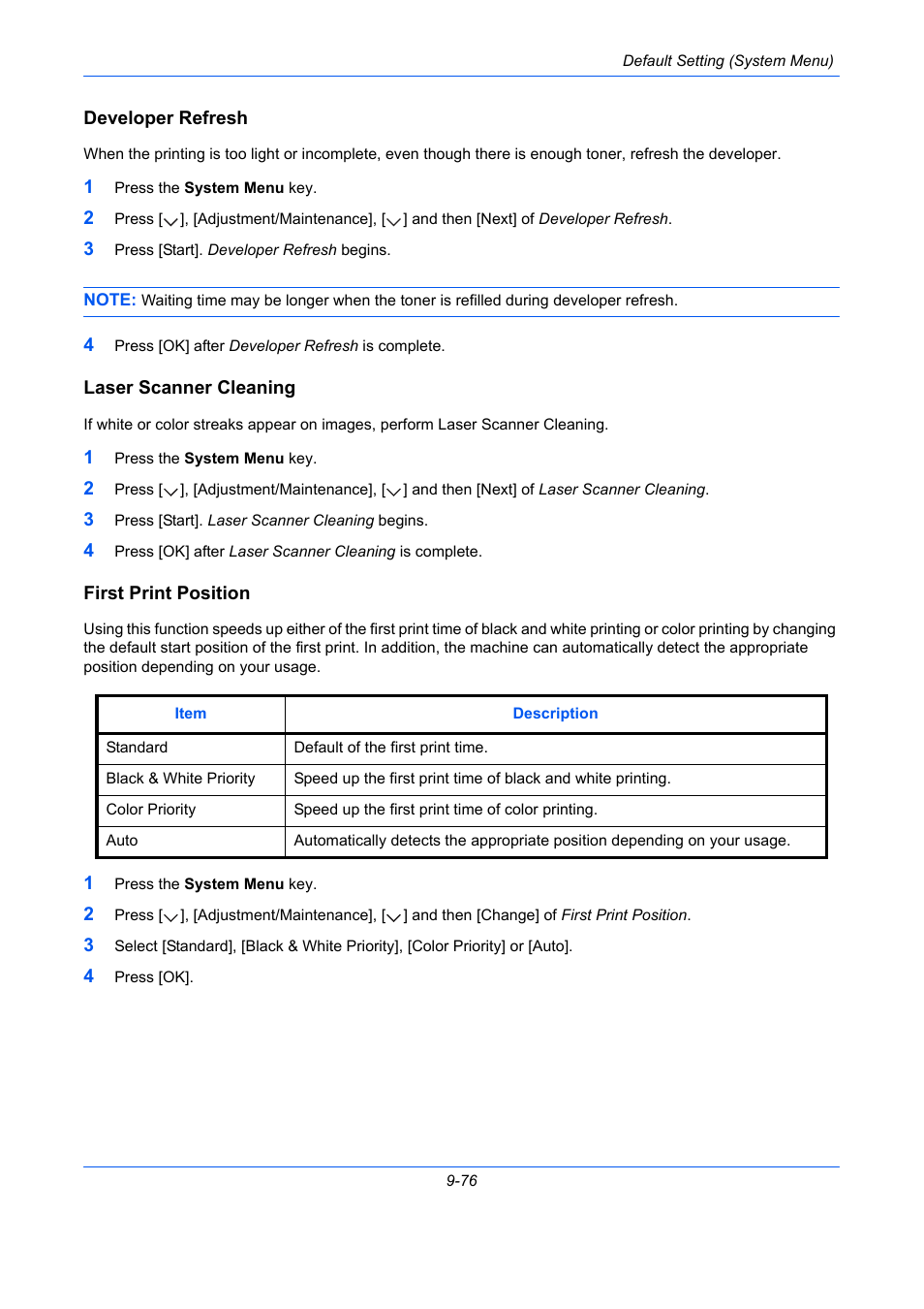 Developer refresh, Laser scanner cleaning, First print position | Ge 9-76, E 9-76), Laser scanner cleaning -76, First print position -76 | TA Triumph-Adler DCC 2930 User Manual | Page 382 / 588