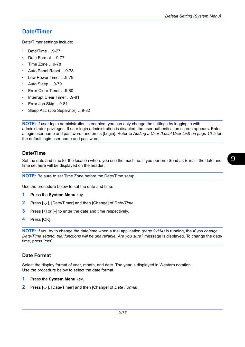 Date/timer, Date/time, Date format | Date/timer -77, Ge 9-77 | TA Triumph-Adler DCC 2930 User Manual | Page 383 / 588