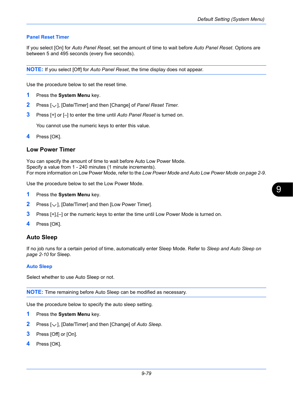 Low power timer, Auto sleep, Ge 9-79) | Low power timer …9-79, Auto sleep …9-79 | TA Triumph-Adler DCC 2930 User Manual | Page 385 / 588