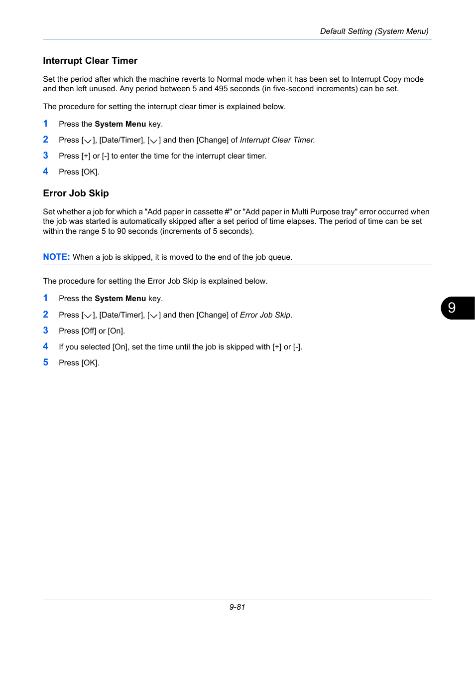 Interrupt clear timer, Error job skip, E 9-81) | Interrupt clear timer …9-81, Error job skip …9-81 | TA Triumph-Adler DCC 2930 User Manual | Page 387 / 588