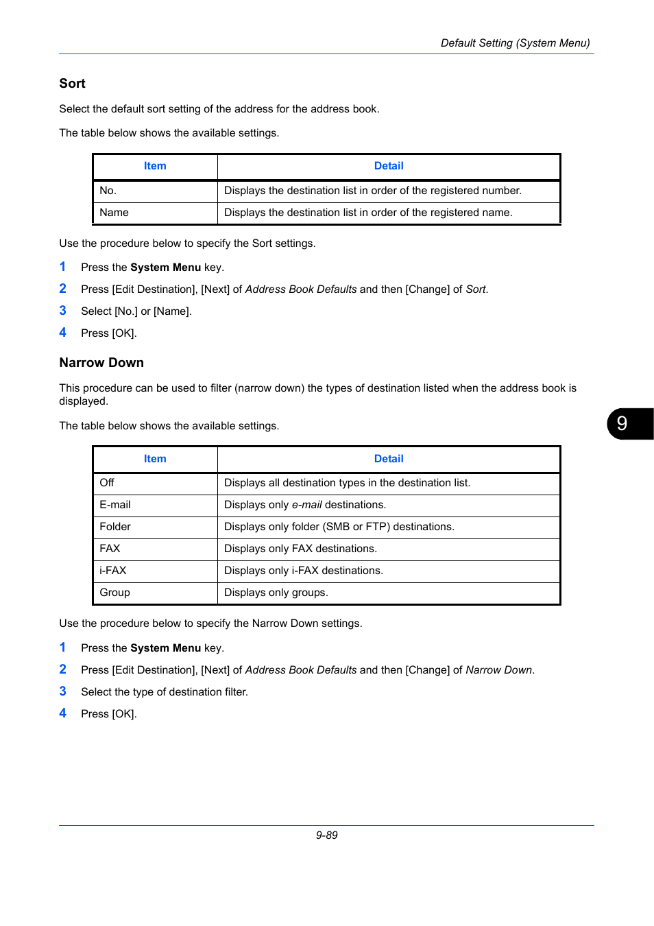 Sort, Narrow down, E 9-89 | E 9-89) | TA Triumph-Adler DCC 2930 User Manual | Page 395 / 588