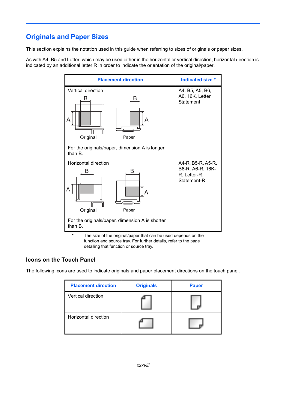 Originals and paper sizes, Icons on the touch panel | TA Triumph-Adler DCC 2930 User Manual | Page 40 / 588