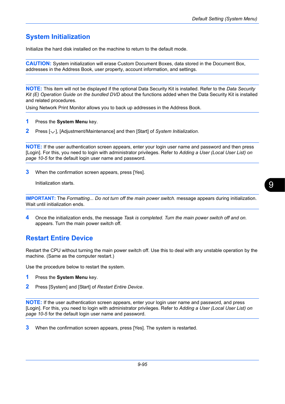 System initialization, Restart entire device, E 9-95) | System initialization -95, Restart entire device -95 | TA Triumph-Adler DCC 2930 User Manual | Page 401 / 588