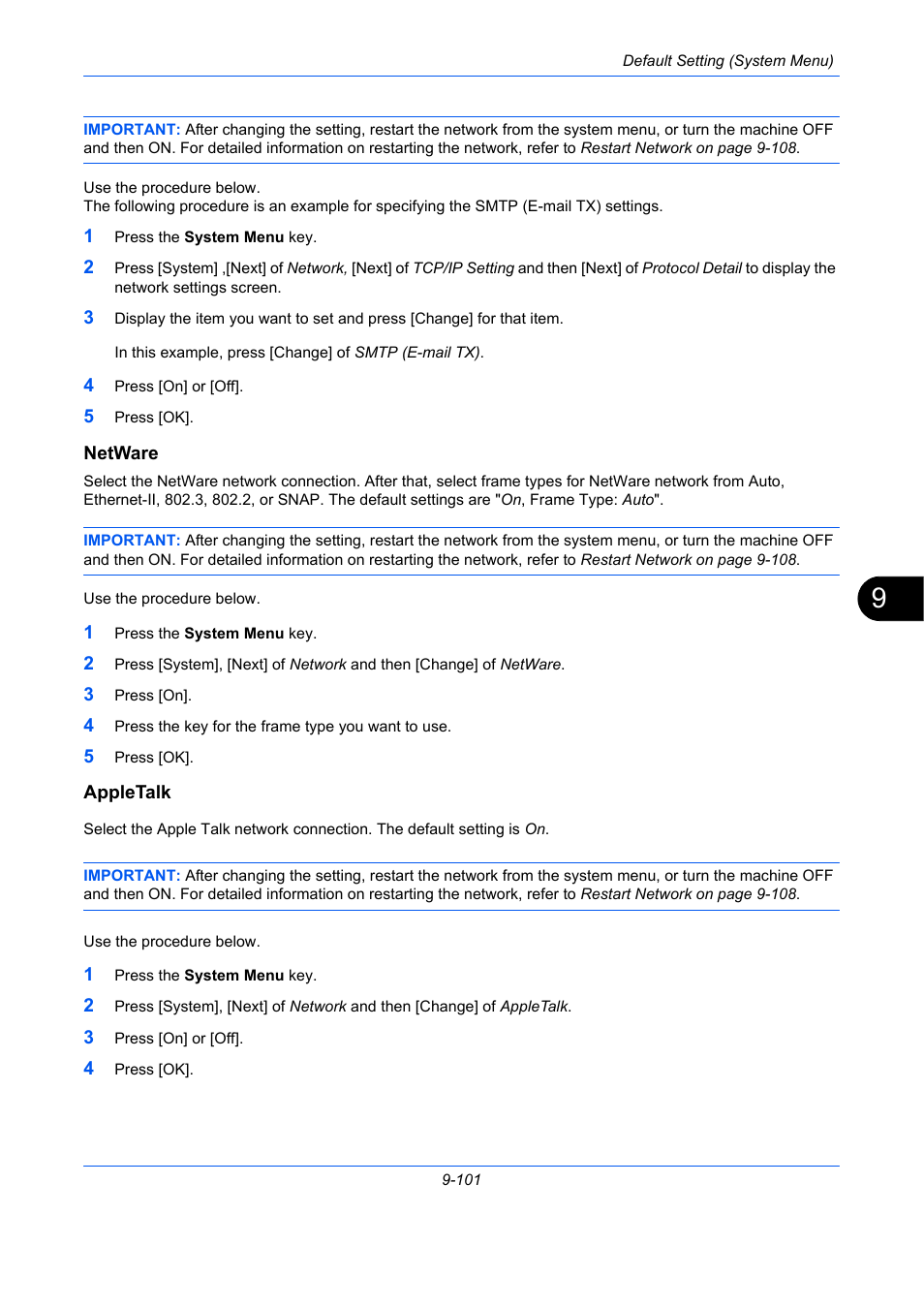 Netware, Appletalk, E 9-101 | Netware …9-101, Appletalk …9-101 | TA Triumph-Adler DCC 2930 User Manual | Page 407 / 588