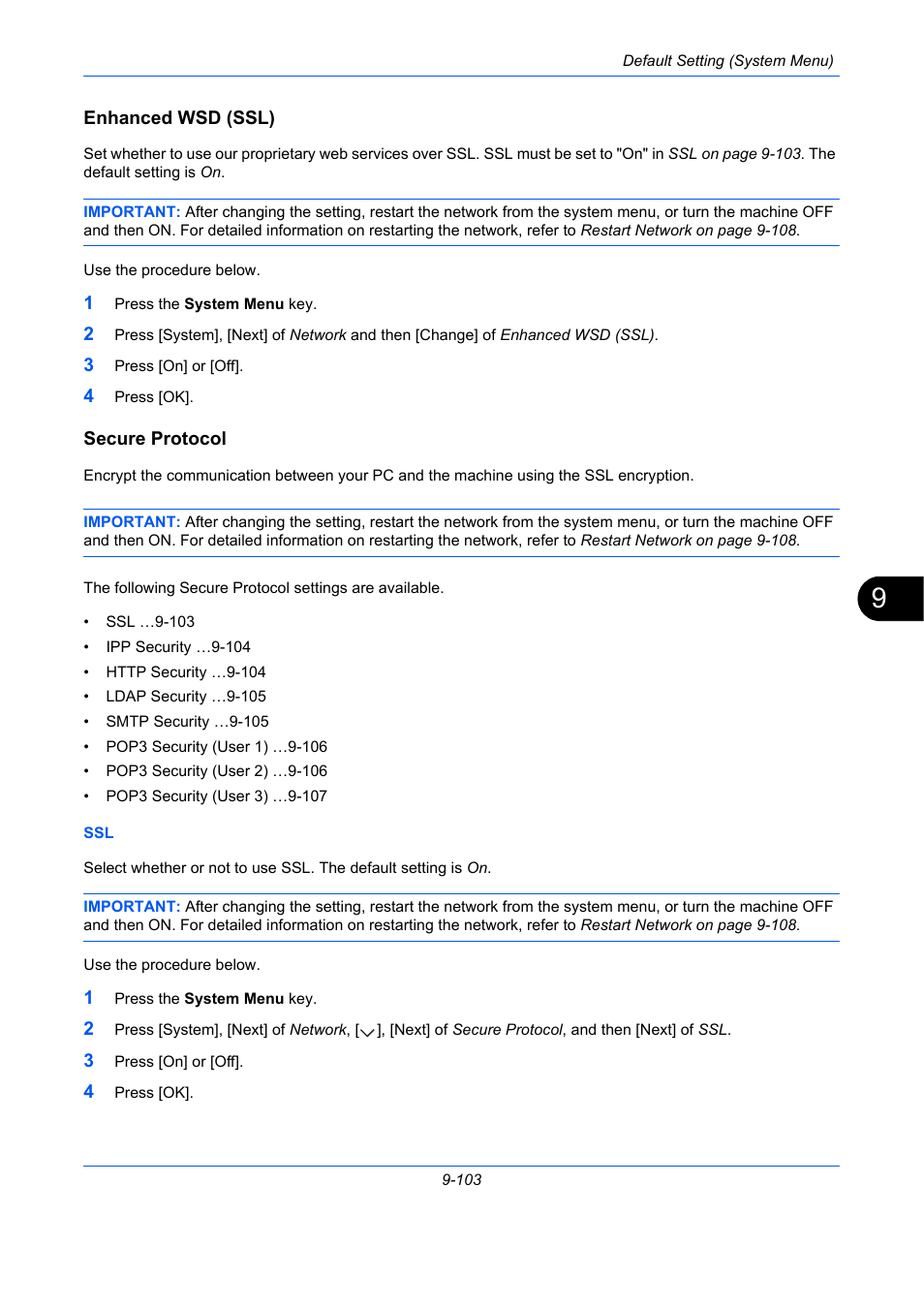 Enhanced wsd (ssl), Secure protocol, E 9-103 | Ge 9-103), Enhanced wsd (ssl) …9-103, Secure protocol …9-103 | TA Triumph-Adler DCC 2930 User Manual | Page 409 / 588