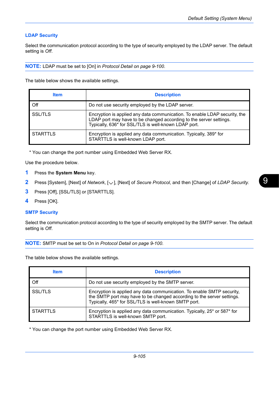 E 9-105), Ldap security …9-105, Smtp security …9-105 | TA Triumph-Adler DCC 2930 User Manual | Page 411 / 588