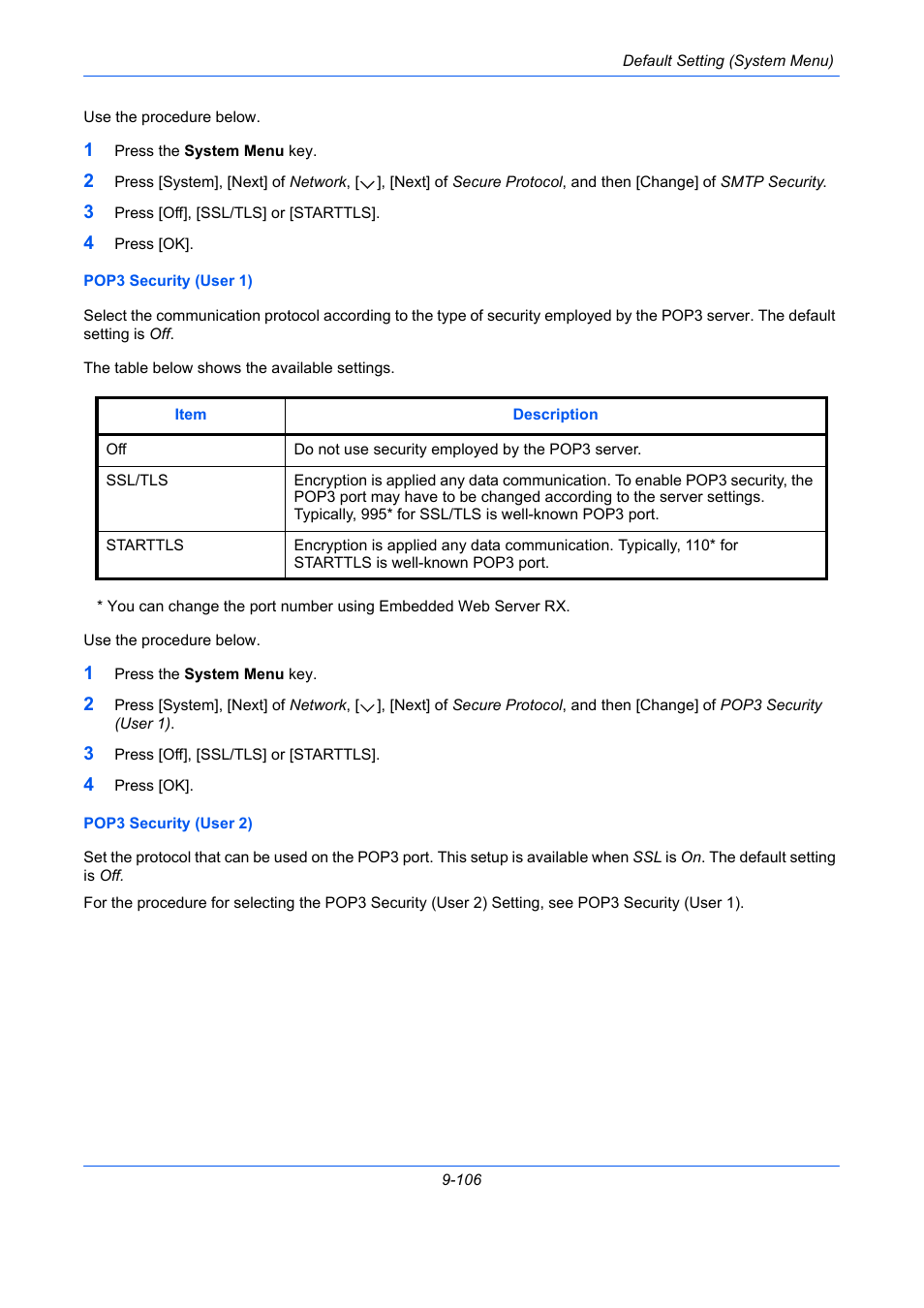 E 9-106), Pop3 security (user 1) …9-106, Pop3 security (user 2) …9-106 | TA Triumph-Adler DCC 2930 User Manual | Page 412 / 588