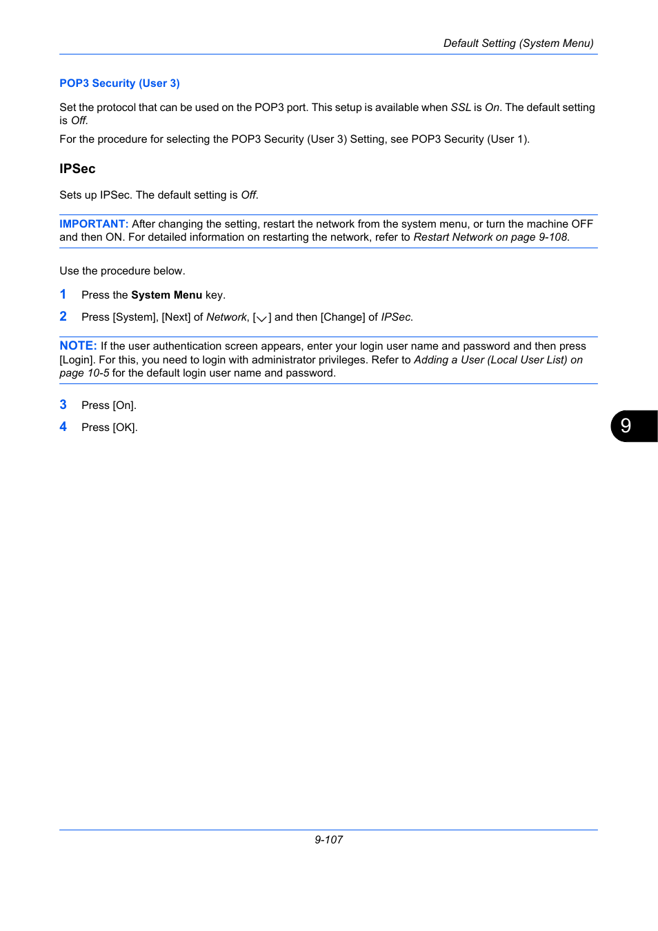 Ipsec, E 9-107), Ipsec …9-107 | Pop3 security (user 3) …9-107 | TA Triumph-Adler DCC 2930 User Manual | Page 413 / 588