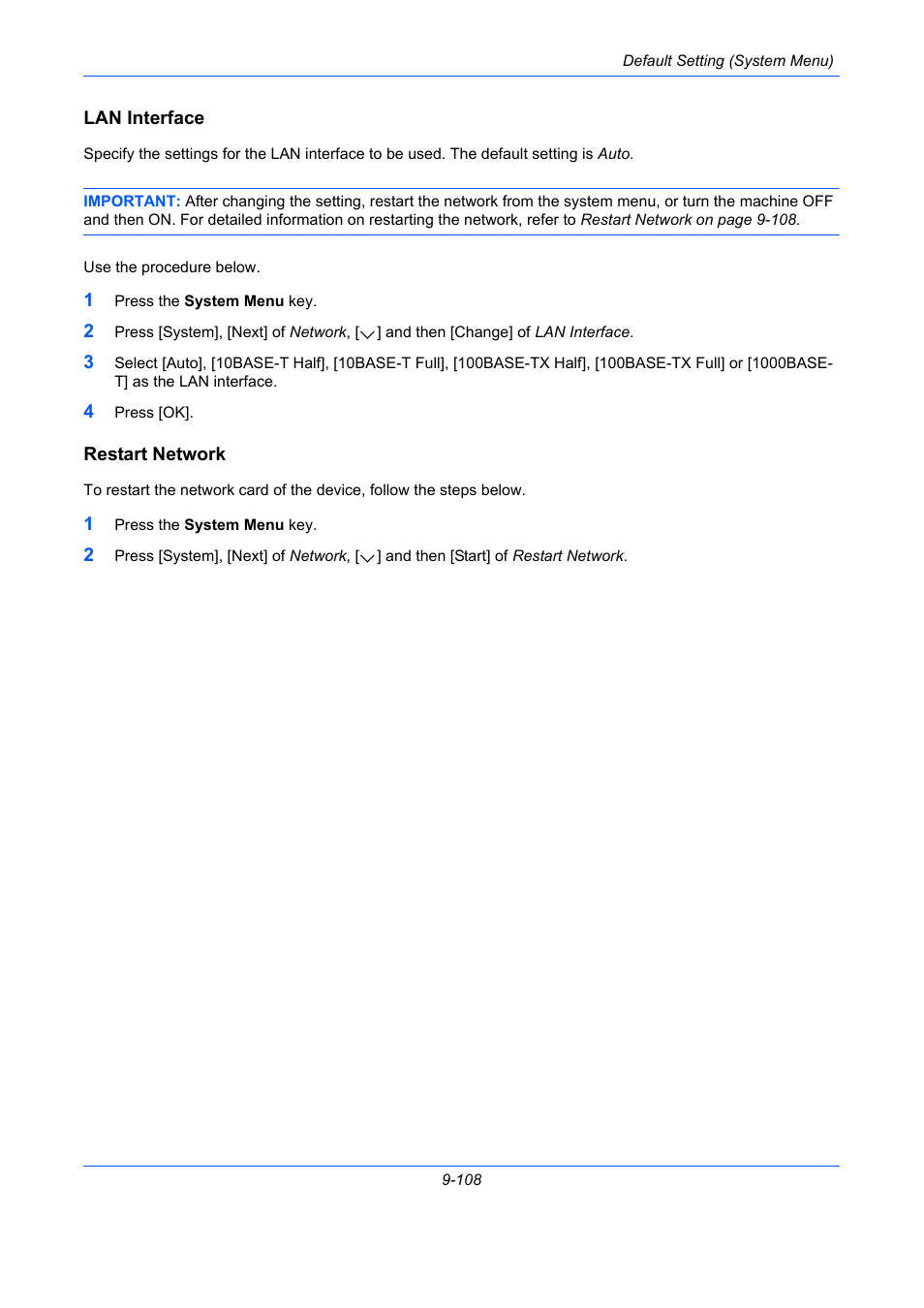 Lan interface, Restart network, E 9-108) | Ge 9-108), Lan interface …9-108, Restart network …9-108 | TA Triumph-Adler DCC 2930 User Manual | Page 414 / 588