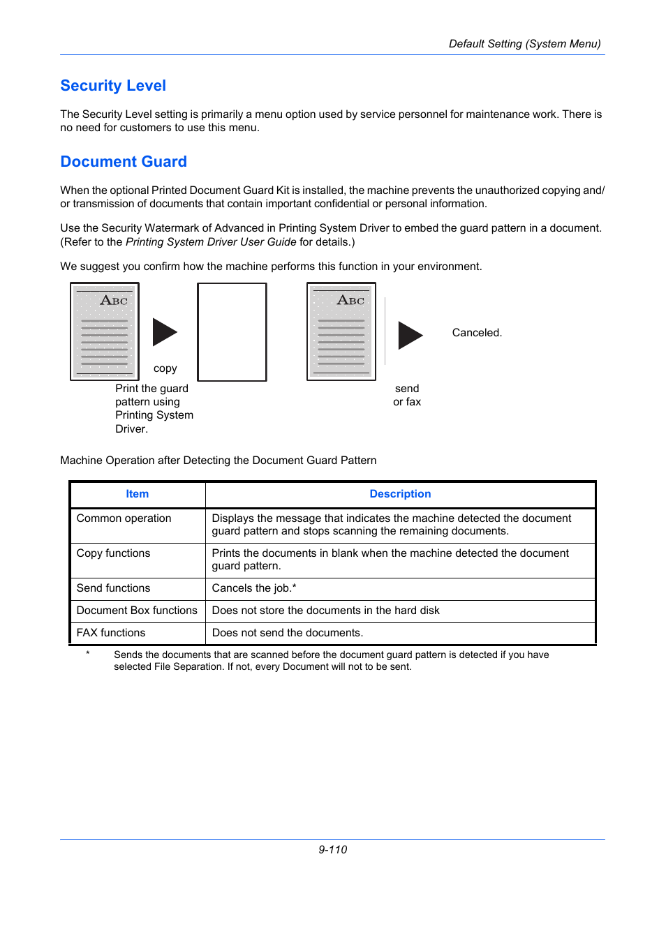 Security level, Document guard, Security level -110 | Document guard -110, Ge 9-110), E 9-110) | TA Triumph-Adler DCC 2930 User Manual | Page 416 / 588